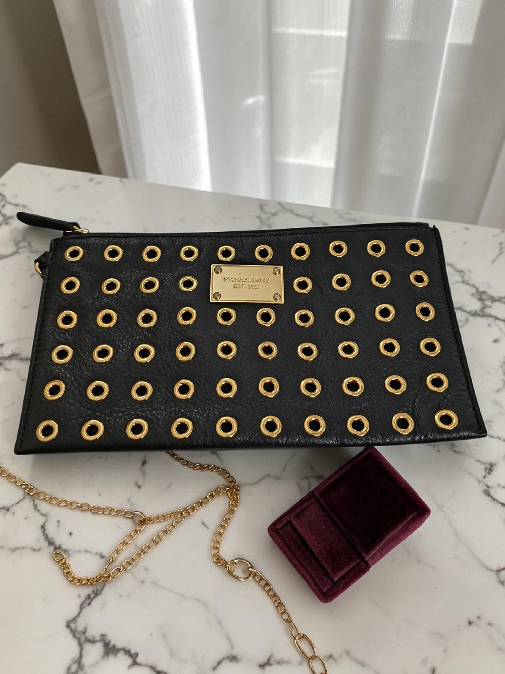 Michael Kors Black Leather Studded Grommet Wristlet Clutch Gold Hardware